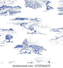 Blue engraved seamless toile pattern, landscape, fields, sun, countryside.
