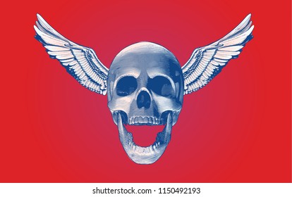 Blue engraving drawing skull screaming with wings isolated on red color background