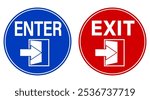 Blue enter sign and red exit sign.  Floor markings with arrow and  half open door. Circle shape.