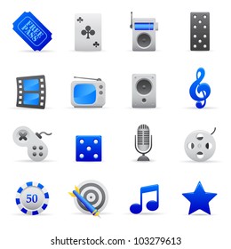 Blue Entertainment Icons Professional vector set of entertainment for your website, application, or presentation. The graphics can easily be edited colored individually and be scaled to any size