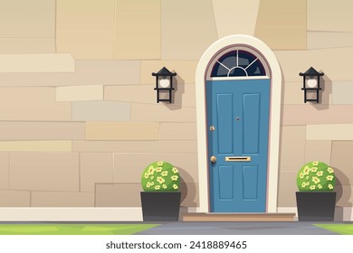 blue entry door front view stone wall