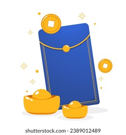 Blue envelope and Chinese gold coin graphic vector. Chinese new year pack.