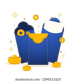 Blue envelope and Chinese gold coin graphic vector. Chinese new year pack.