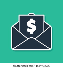 Blue Envelope with coin dollar symbol icon isolated on green background. Salary increase, money payroll, compensation income.  Vector Illustration
