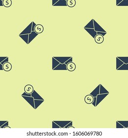Blue Envelope with coin dollar symbol icon isolated seamless pattern on yellow background. Salary increase, money payroll, compensation income.  Vector Illustration