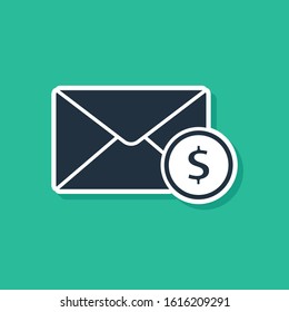 Blue Envelope with coin dollar symbol icon isolated on green background. Salary increase, money payroll, compensation income.  Vector Illustration