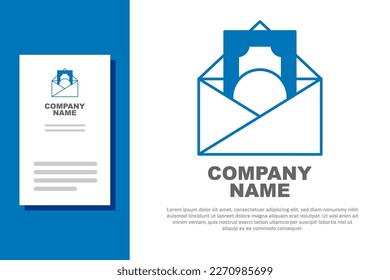 Sobre azul con símbolo de dólar de moneda aislado en fondo blanco. Aumento salarial, nómina de dinero, ingresos por compensación. Elemento de plantilla de diseño de logotipo. Vector