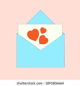 Blue envelope with congratulations on Valentine's Day. Flat vector illustration. Valentine's card.