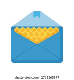 Blue envelope, gold coins, wealth, riches, financial success. Symbolizes abundance, prosperity, savings, and monetary gain.