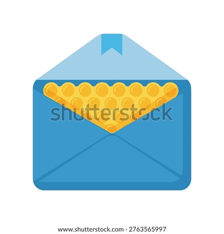 Blue envelope, gold coins, wealth, riches, financial success. Symbolizes abundance, prosperity, savings, and monetary gain.