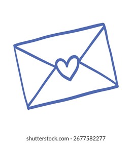 Un sobre azul con un corazón dibujado en él. El sobre está abierto y el corazón está dentro
