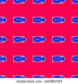 Blue Envelope icon isolated seamless pattern on red background. Email message letter symbol.  Vector Illustration