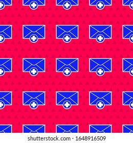 Blue Envelope icon isolated seamless pattern on red background. Received message concept. New, email incoming message, sms. Mail delivery service.  Vector Illustration
