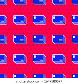 Blue Envelope icon isolated seamless pattern on red background. Email message letter symbol.  Vector Illustration