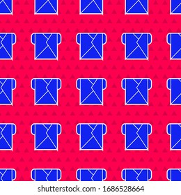 Blue Envelope icon isolated seamless pattern on red background. Email message letter symbol.  Vector Illustration