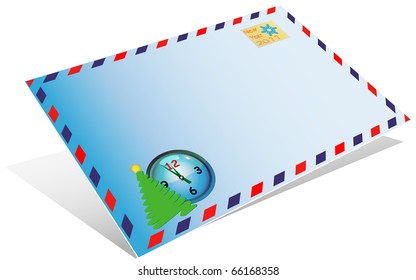 Blue envelope with the image Christmas tree a clock and a stamp on a pure background