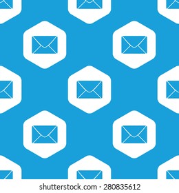 Blue envelope image in white hexagon, repeated on blue
