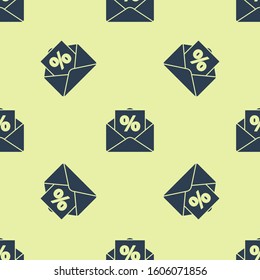Blue Envelope with an interest discount from the store icon isolated seamless pattern on yellow background.  Vector Illustration