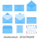 Blue envelope isolated on white background.Closed and opened paper.Folded and unfolded.Greeting or gift card.Empty letter and stamp.Mail or message.Graphic design.Cartoon vector illustration.