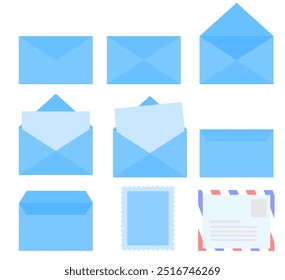 Blue envelope isolated on white background.Closed and opened paper.Folded and unfolded.Greeting or gift card.Empty letter and stamp.Mail or message.Graphic design.Cartoon vector illustration.