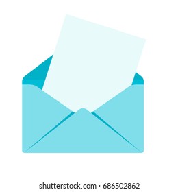 Blue envelope with letter, document. Sending mail correspondence. Flat vector cartoon illustration. Objects isolated on a white background.