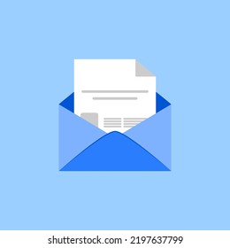 Blue envelope with letter isolated on a blue background. Envelope icon. Letter icon. Vector illustration in flat style