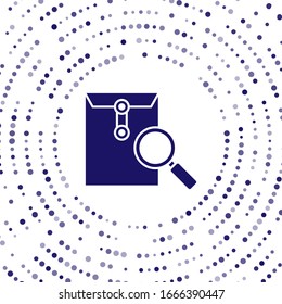 Blue Envelope mail with magnifying glass icon isolated on white background. Abstract circle random dots. Vector Illustration