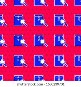 Correo sobre azul con icono de cristal de aumento aislado sin fisuras en el fondo rojo. Ilustración vectorial