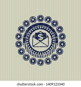 Blue envelope with paper with money symbol inside icon inside distressed grunge stamp