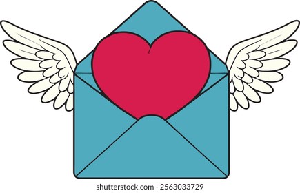 A blue envelope with a pink heart white angel wings on each side vector illustration