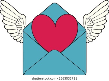 A blue envelope with a pink heart white angel wings on each side vector illustration