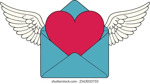 A blue envelope with a pink heart white angel wings on each side vector illustration