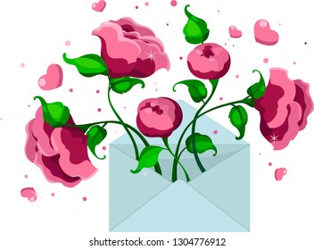blue envelope with pink peonies and hearts, letter of love, vector illustration. Drawing for a card, congratulations on Valentine s Day
