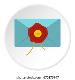 Blue envelope with red wax seal icon in flat circle isolated vector illustration for web