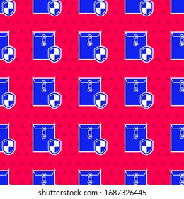 Sobre azul con icono de escudo aislado sin fisuras en fondo rojo. Concepto de seguro. Concepto de seguridad, protección, protección. Ilustración vectorial