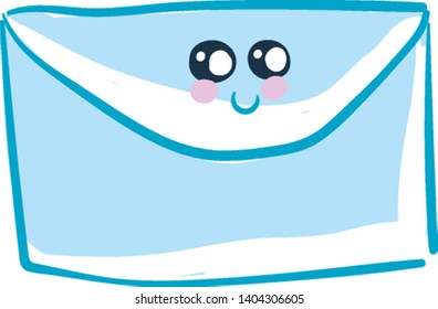 A blue envelope with a smiling face on its lid. Rectangular in shape., vector, color drawing or illustration. 