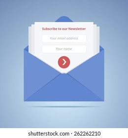 Blue envelope with subscription form in flat style for email marketing or website. Vector illustration.