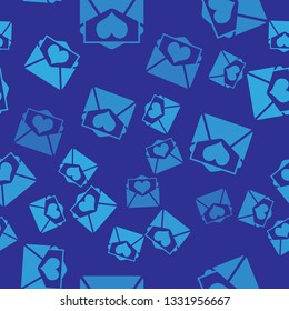 Blue Envelope with Valentine heart icon isolated seamless pattern on blue background. Letter love and romance. Vector Illustration