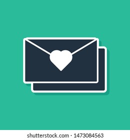 Blue Envelope with Valentine heart icon isolated on green background. Message love. Letter love and romance.  Vector Illustration