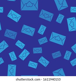 Blue Envelope with Valentine heart icon isolated seamless pattern on blue background. Message love. Letter love and romance.  Vector Illustration