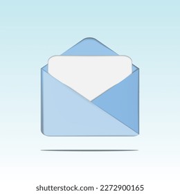 Blue envelope with white letter. Read e-mail. 3D vector illustration isolated on light blue background. Work, business concept. 