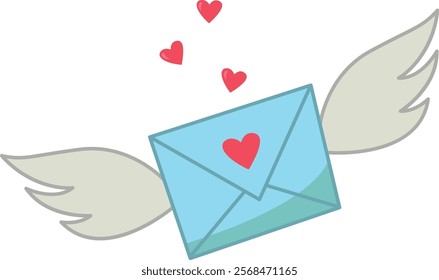 A blue envelope with wings for love messages and pink hearts. A decorative element for Valentine's Day and wedding. Vector illustration. A sweet Valentine.