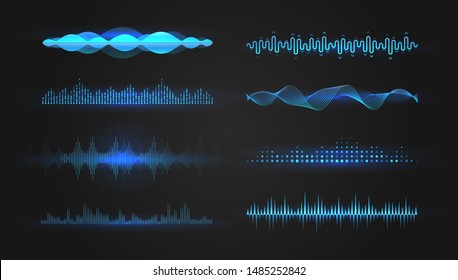 Blue Equalizer Waves On Black Background. Realistic Set Of Sound And Radio Wave. Digital Voice Graphic Design, Vector Illustration.