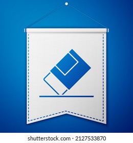 Icono de goma o borrador azul aislado en fondo azul. Plantilla de inclinación blanca. Vector