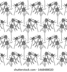 Blue eryngo seamless monochrome pattern design element stock vector illustration for web, for print, for fabric print, for wallpaper