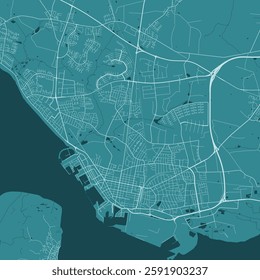 Blue Esbjerg map, Denmark. Vector city streetmap, municipality area.