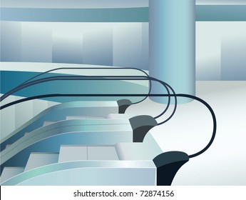 blue escalators indoor in mall, vector