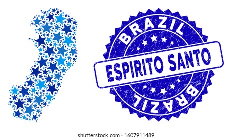 Blue Espirito Santo State map composition of stars, and grunge round stamp seal. Abstract geographic scheme in blue color tones. Vector Espirito Santo State map is designed with blue stars.