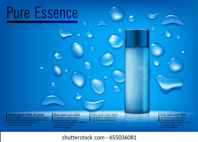 Blue essence cosmetic ads, toner glass bottle isolated on light blue background with water drops. Cosmetic package design for advertising. 3D vector illustration.