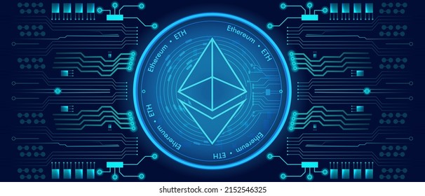 Blue Ethereum cryptocurrency banner with computer circuit and network connections. Virtual money and Ethereum virtual currency. Ethereum and blockchain illustration. Ethereum mining and trading